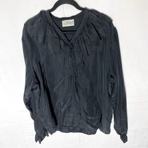 Vintage Jessie Oversized Black Silk Long Sleeve Blouse With Ruffle Collar L